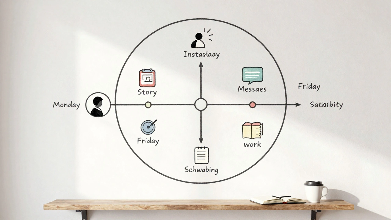 Circular weekly routine mural in watercolor tones showing work-life balance in Schwabing.