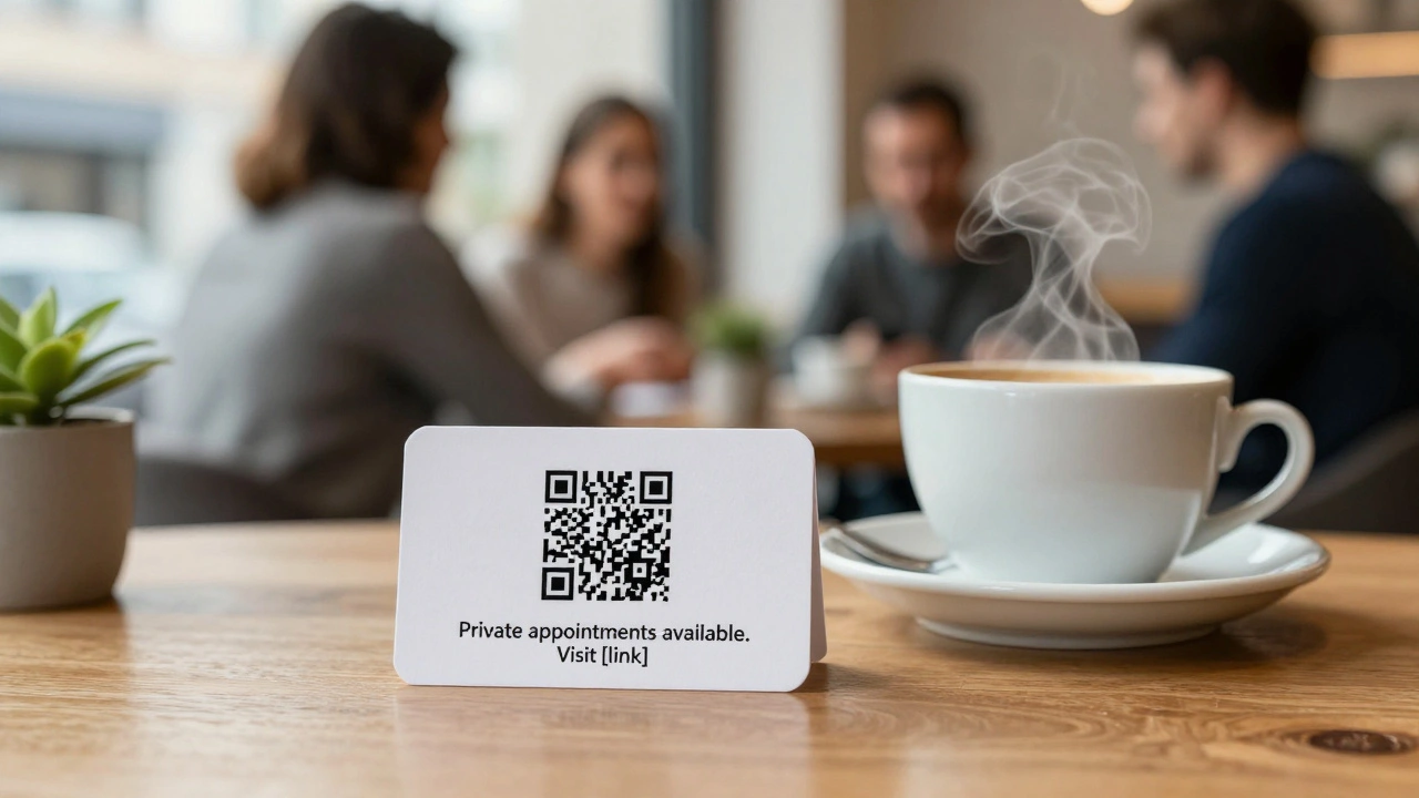 Discreet business card with QR code on a café table in Haidhausen, no faces visible.