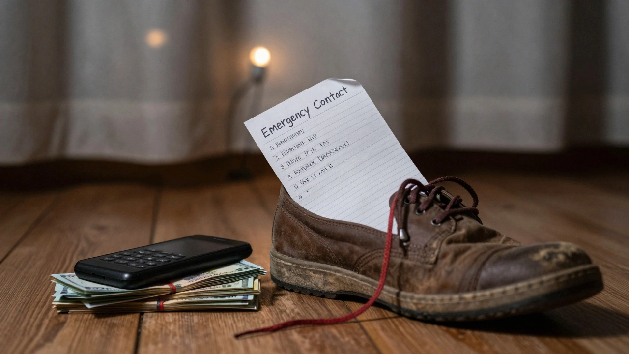 Emergency contact list hidden in a shoe with a red thread and burner phone.