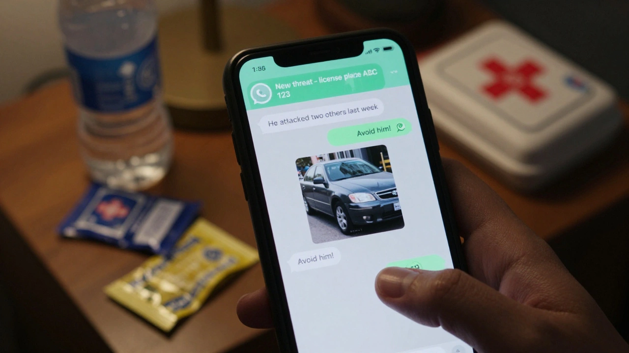 Encrypted chat group on a smartphone displaying warnings about dangerous clients with a car photo and urgent messages.