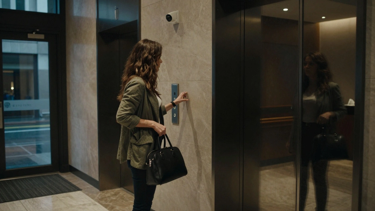 Escort cautiously assessing a hotel lobby’s security features upon arrival.