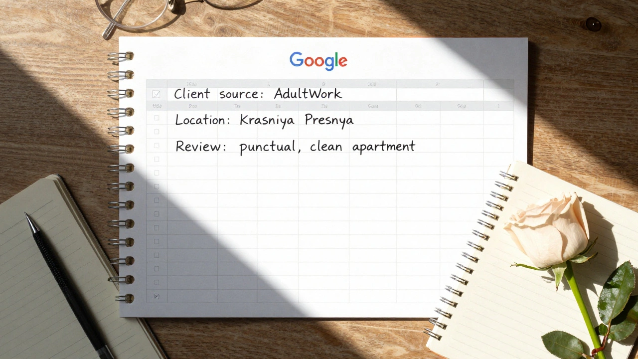 Google Sheet tracking client sources and reviews on a wooden desk with a notebook and rose beside it.