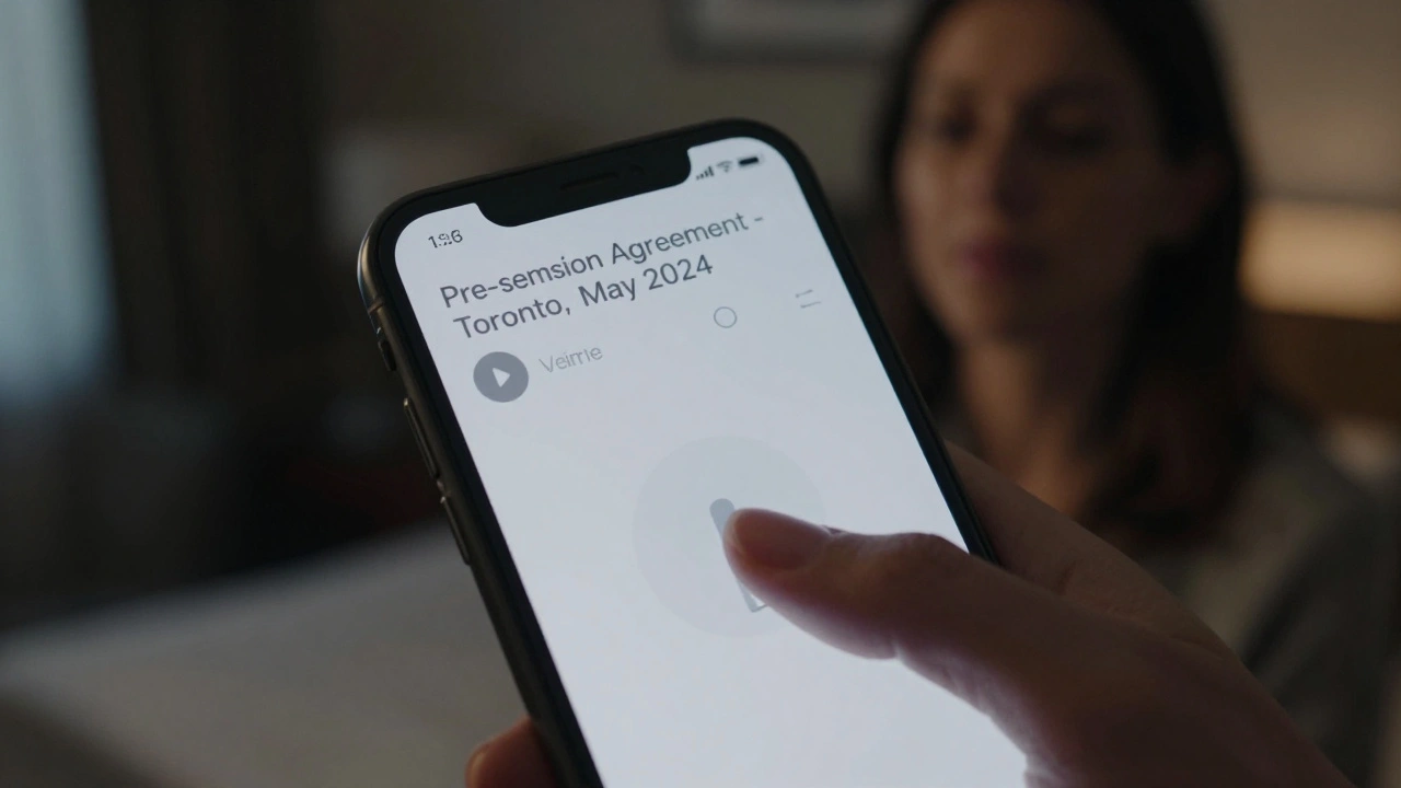 Hand pausing a voice recording labeled 'Pre-session Agreement' in a hotel room.