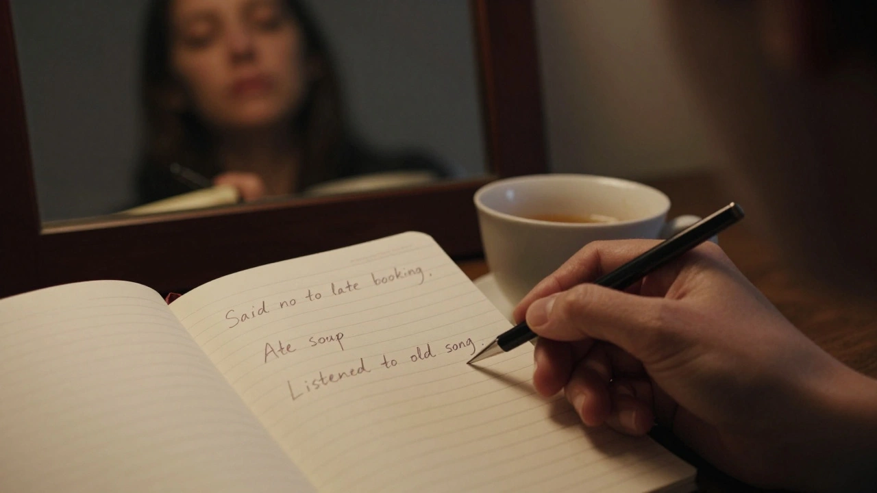 Hand writing in a notebook by candlelight, entries about small acts of self-care.