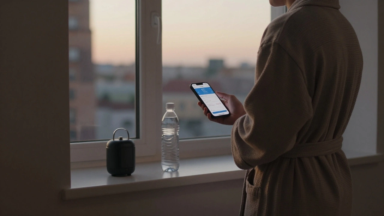 Person standing by a window in Munich apartment, holding phone with booking confirmation, personal alarm visible.