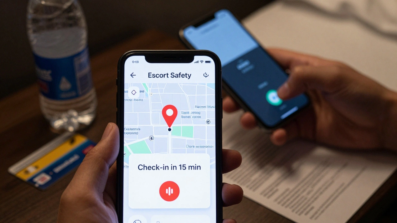 Smartphone screen showing a safety app with live location and panic button activated.