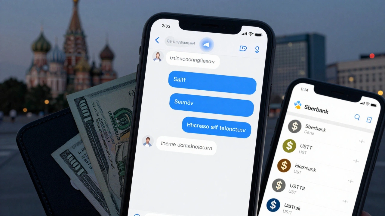 Smartphone showing encrypted messages with digital payment apps and a burner phone on a table.