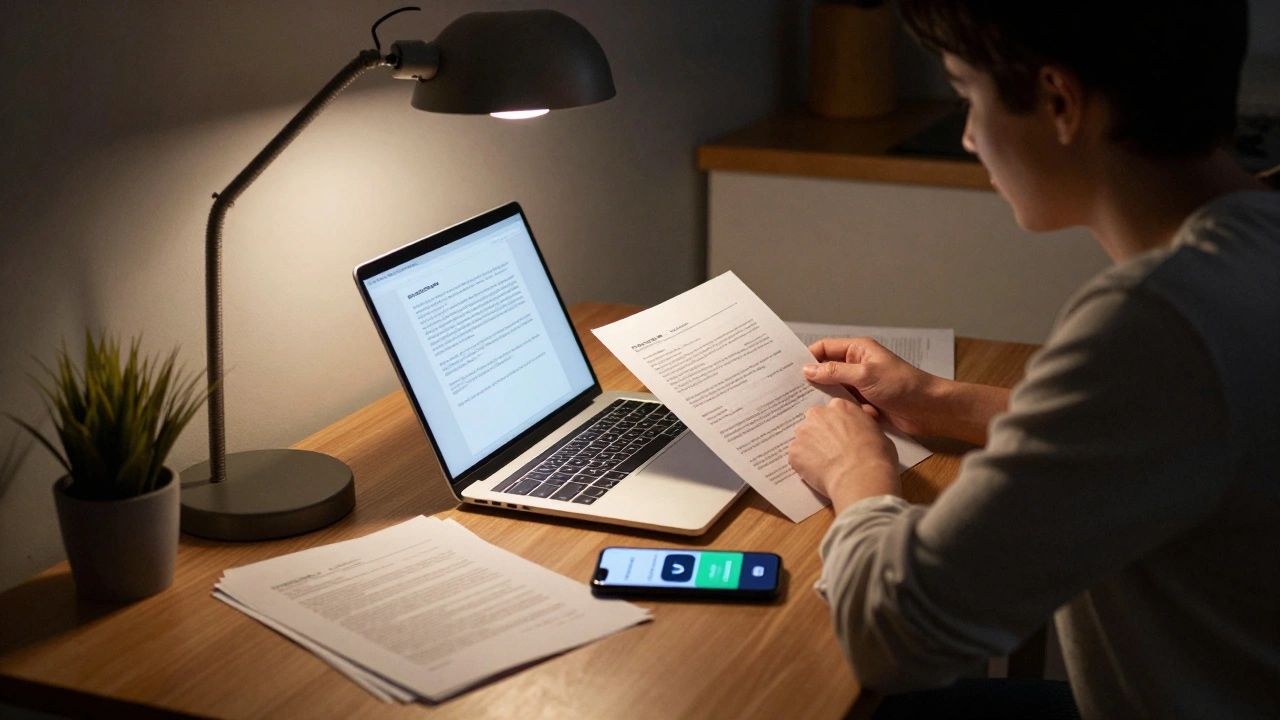 Someone at a kitchen table with legal papers and a safety app on their phone, lit by a single lamp.