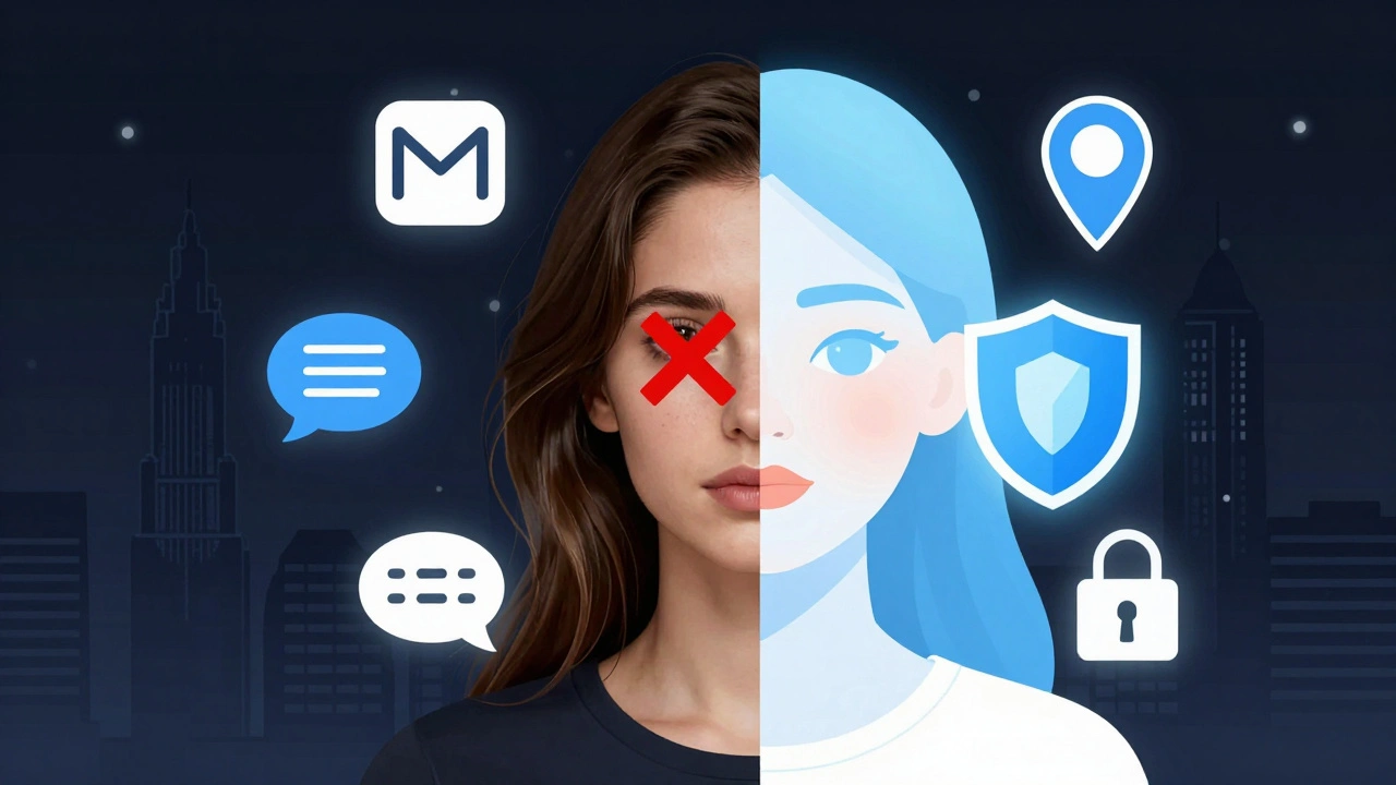 Split-face illustration: real photo crossed out versus glowing AI avatar with privacy symbols.