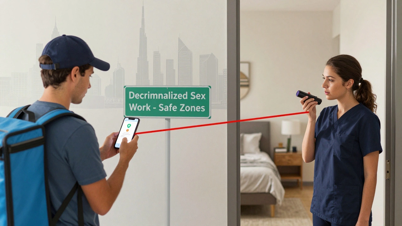 Split image showing delivery driver and home care worker using similar safety practices, connected by a symbolic thread under a Dubai and New Zealand skyline.