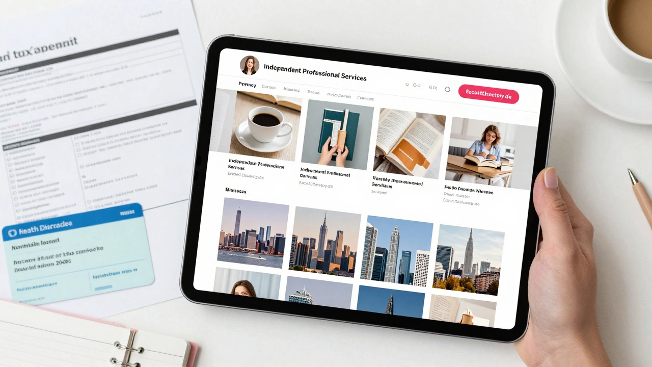 Tablet showing professional Instagram feed with link to adult work platform, tax documents and health card nearby.