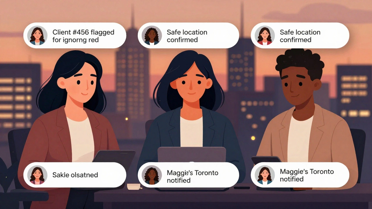 Three escort workers communicating safely in a private online support group.