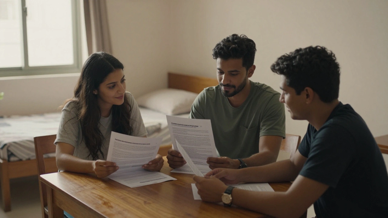 Three individuals sit together in a small transitional home, reviewing job training materials with quiet hope.