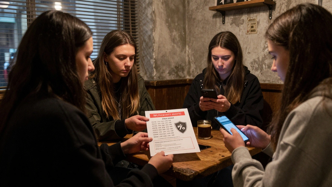 Three women in a quiet Moscow café backroom sharing a safety flyer and using phones to warn others.