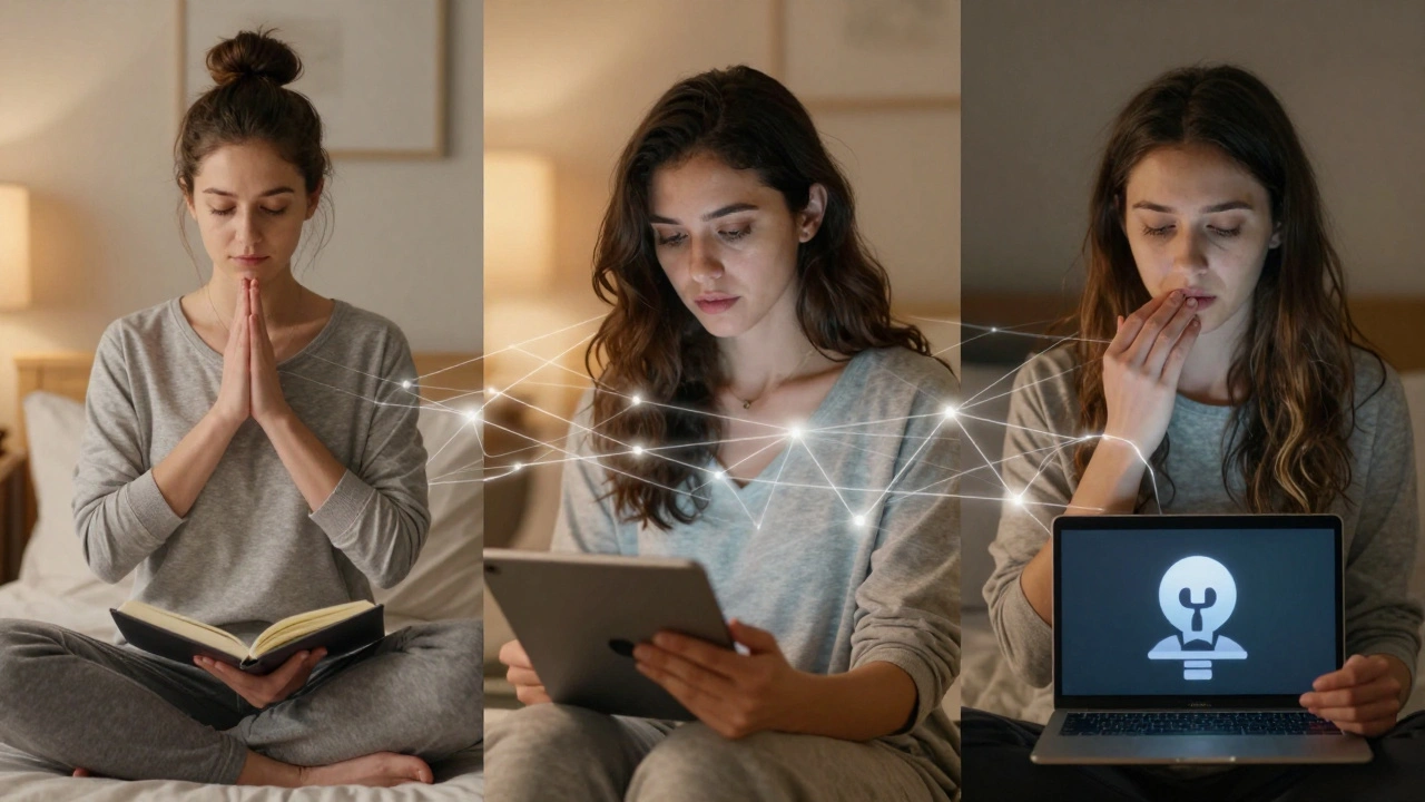 Three women in different cities connected by glowing threads, each engaged in self-care or support activities.