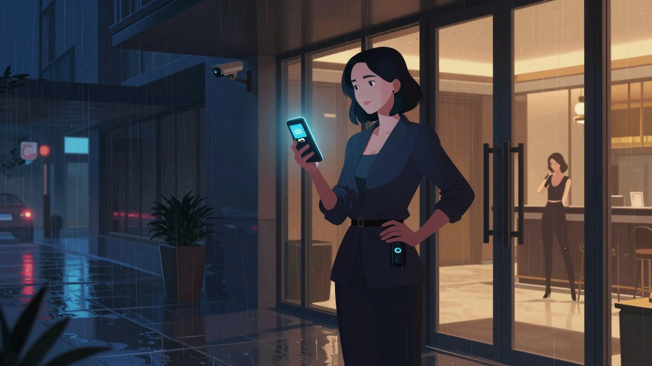 Woman outside a hotel at night with safety app notification glowing on her phone, security cameras above.