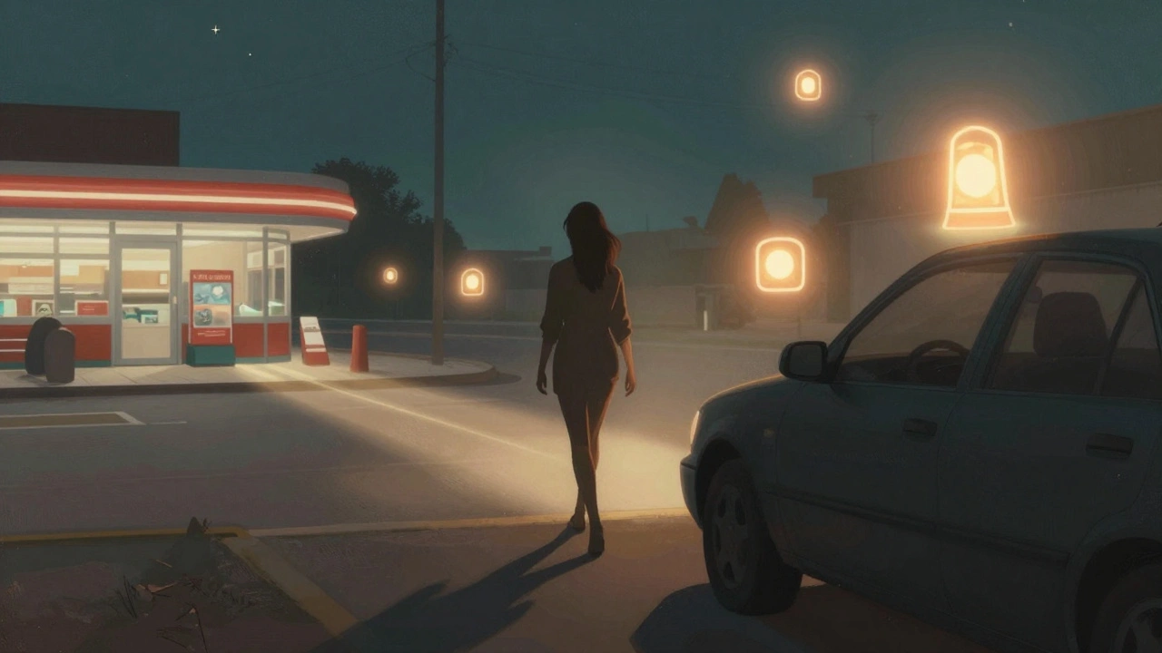 Woman walking away from a car as glowing safety icons float behind her, heading toward a lit diner.