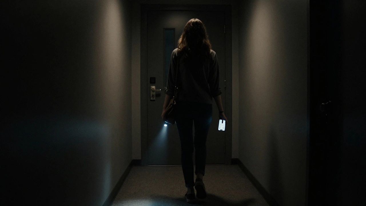 Woman walking away from a threatening figure, holding a whistle and phone with live location shared.