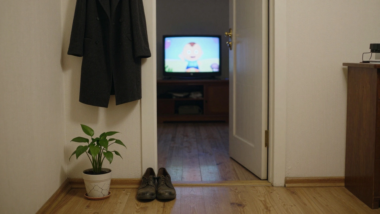 Worn shoes and a thriving plant by a Moscow hallway door, TV glow faintly visible.