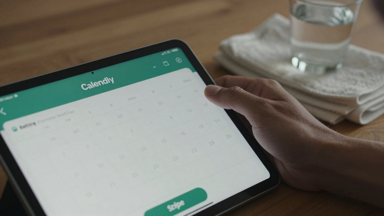A hand using a secure booking app on a tablet next to reusable towels and a digital payment receipt.