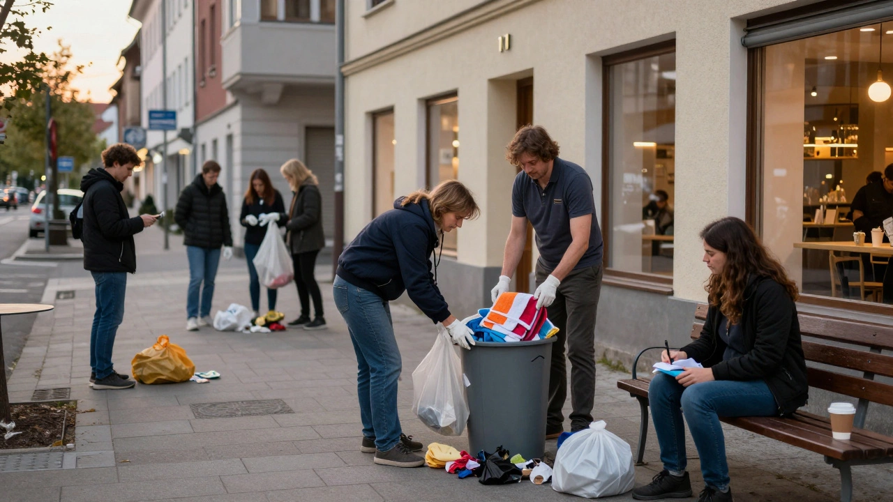 Adult work operators and local residents cleaning a Munich sidewalk together during dusk, building community trust.