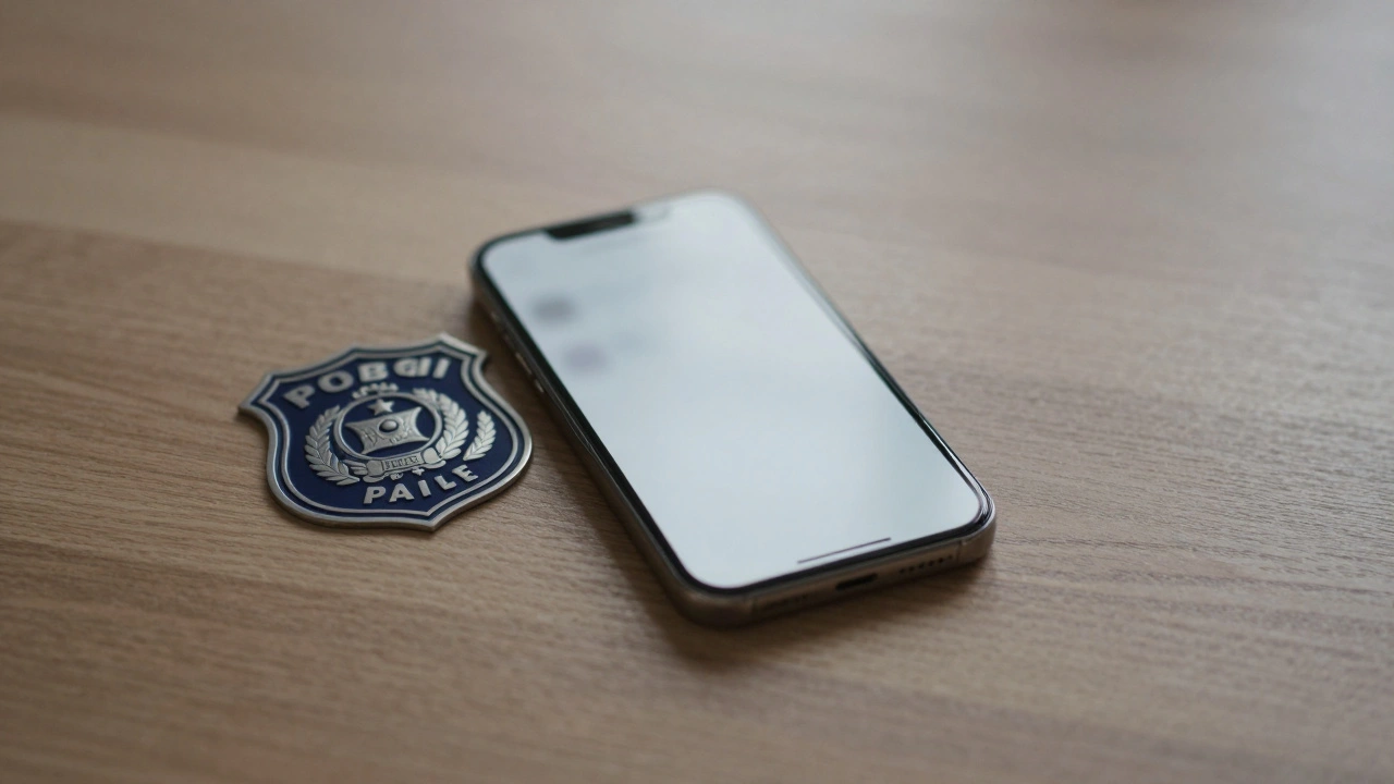 Blurred smartphone screen next to Dubai Police badge on table, emphasizing caution.