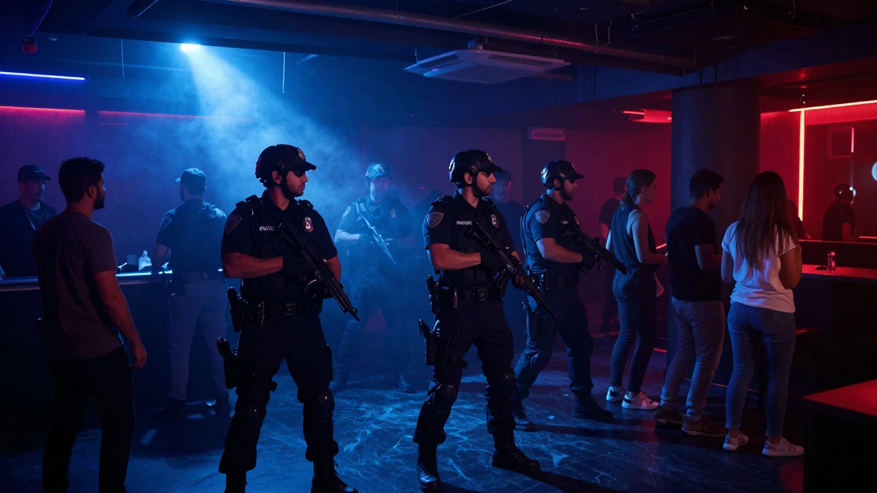 Police raid on nightclub in Dubai with spotlights and officers detaining patrons.