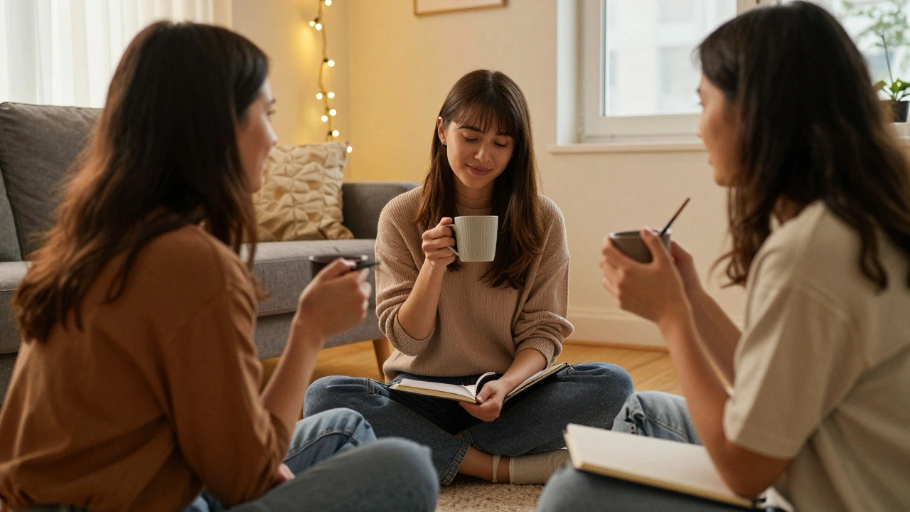 Three women laughing together on a living room floor, no phones, warm string lights.