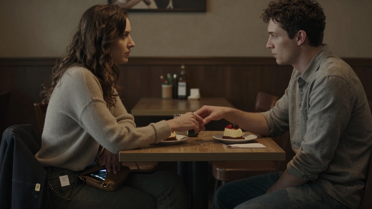 Two people in a café, one reaching for the other’s hand, subtle hints of hidden life.